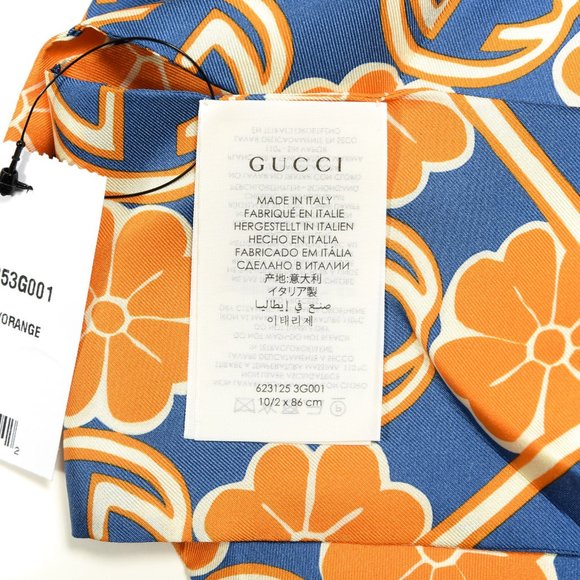 Gucci GG Flower Silk Foily Skinny Scarf in Blue Twilly Scarf NEW IN BOX - Picture 9 of 10